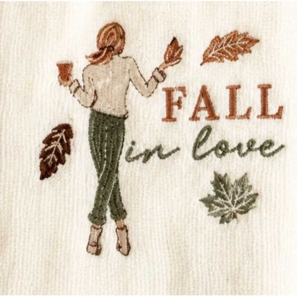 Thanksgiving Embroidered Fingertip Towels Fall in Love Ivory Leaves Set of 2